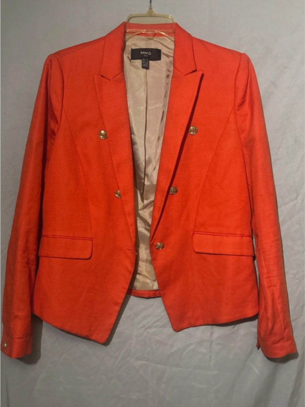 Mango Bright Orange Double-Breasted Blazer with Gold Buttons
